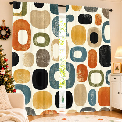 2 pièces de rideaux modernes Mid-Century rétro, imprimé ovale géométrique abstrait, tissu filtrant la lumière, parasol et protection de la vie privée, passe-tringle, pour le salon, la chambre à coucher, le balcon, la cuisine