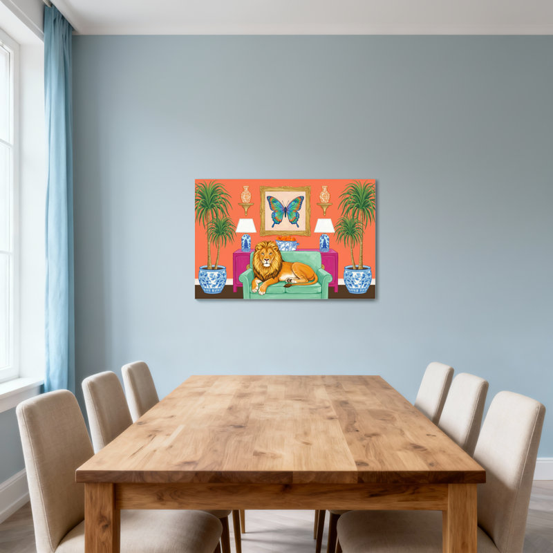 Animaux, lion sur canapé avec art papillon, H 32 po x l 48 po