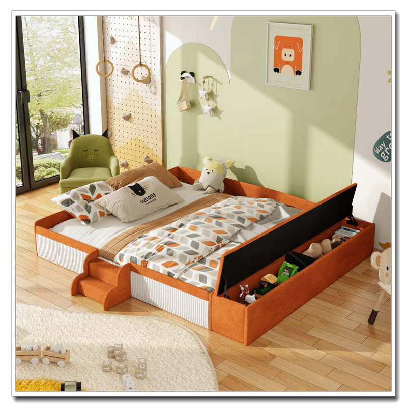 Velvet Upholstered Daybed with Stairs, Gas Lift Storage Ottoman, Brown+White, King
