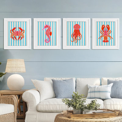 «Bright Sea Creatures on Stripes», ensemble de 4 reproductions encadrées sous verre, design par Indira Prieto | IndySign