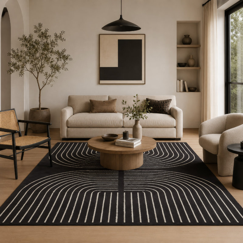 Tapis Edon à motif géométrique ivoire en laine noire 8 x 10