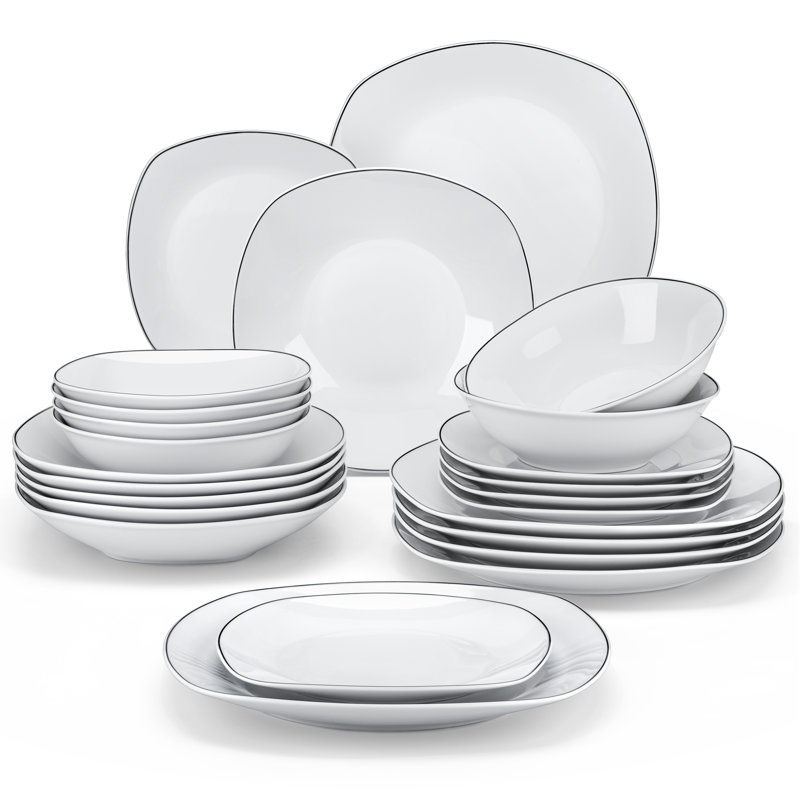 24 Pcs Porcelain Dinnerware Set, White Plate With Sliver Border, Service For 6 Person, Dinner Plate, Dessert Plate, Soup Plate And Bowl Set