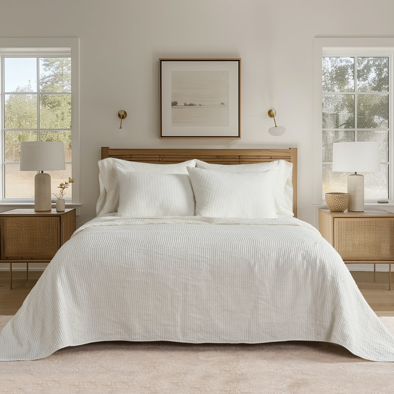Ivory Full Cotton Ribbed Matelassé Coverlet Set
