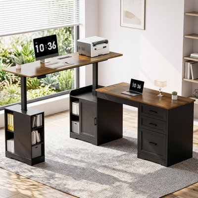 65'' L-Shaped Electric Standing Desk, Height Adjustable Corner Computer Desk with Reversible Design, Storage Drawers & Shelves for Home Office