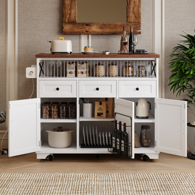 Chariot de cuisine blanc avec drapé perlé, bloc d'alimentation, 3 armoires, tiroirs, abattants, tablettes réglables, tablette interne en fer, décoration pour îlot roulant sur roulettes, table, tablettes