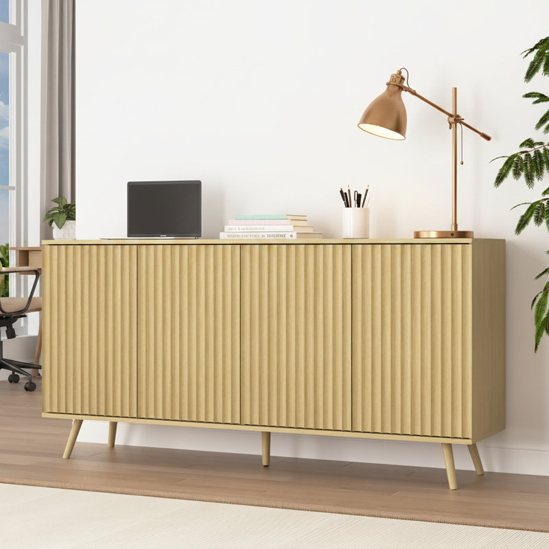 Crédence de bureau 60 "à 4 portes en chêne naturel avec tablettes réglables et portes à ouverture par pression 60"