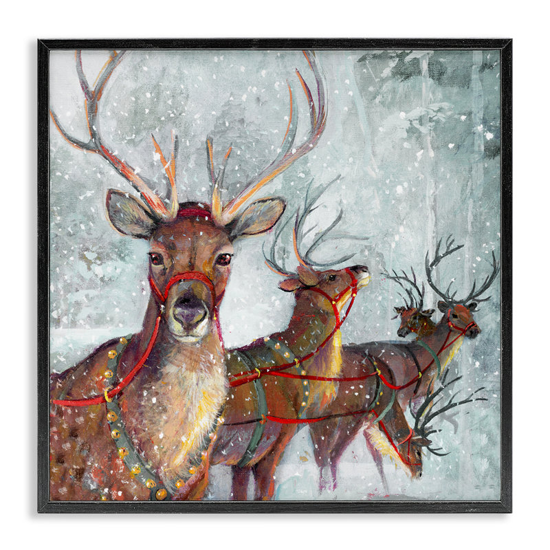 Winter Reindeer Holiday Landscape Canvas Print in Black Frame