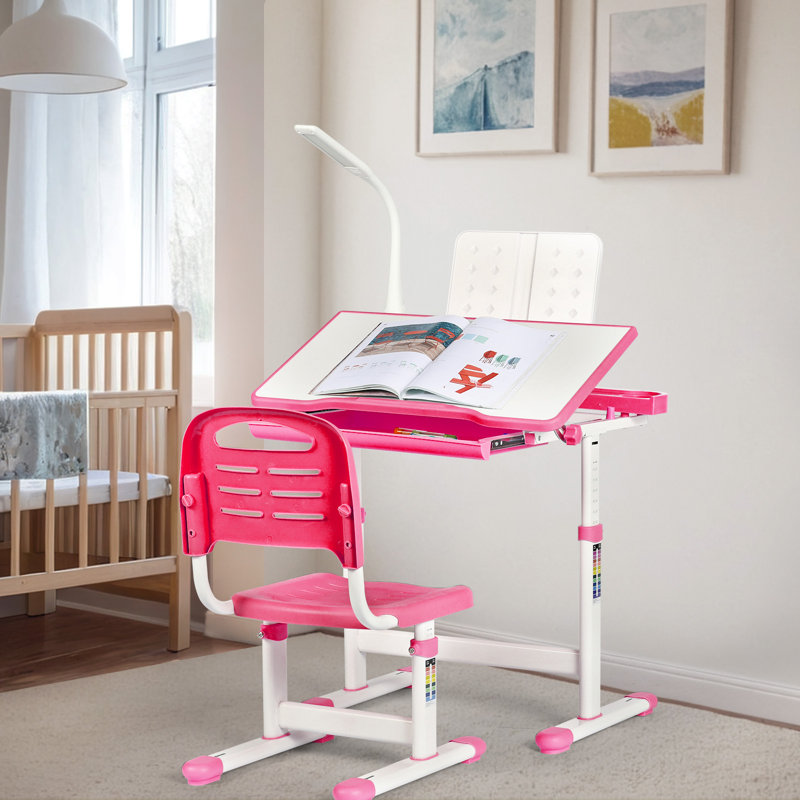 Pink Adjustable Height Kids Desk and Chair Set with Storage Drawer