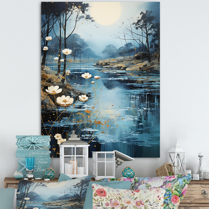 «Blue Moonlit River Blooms I», art mural rivière, Toile tendue, H 32 po x l 16 po x P 1 po