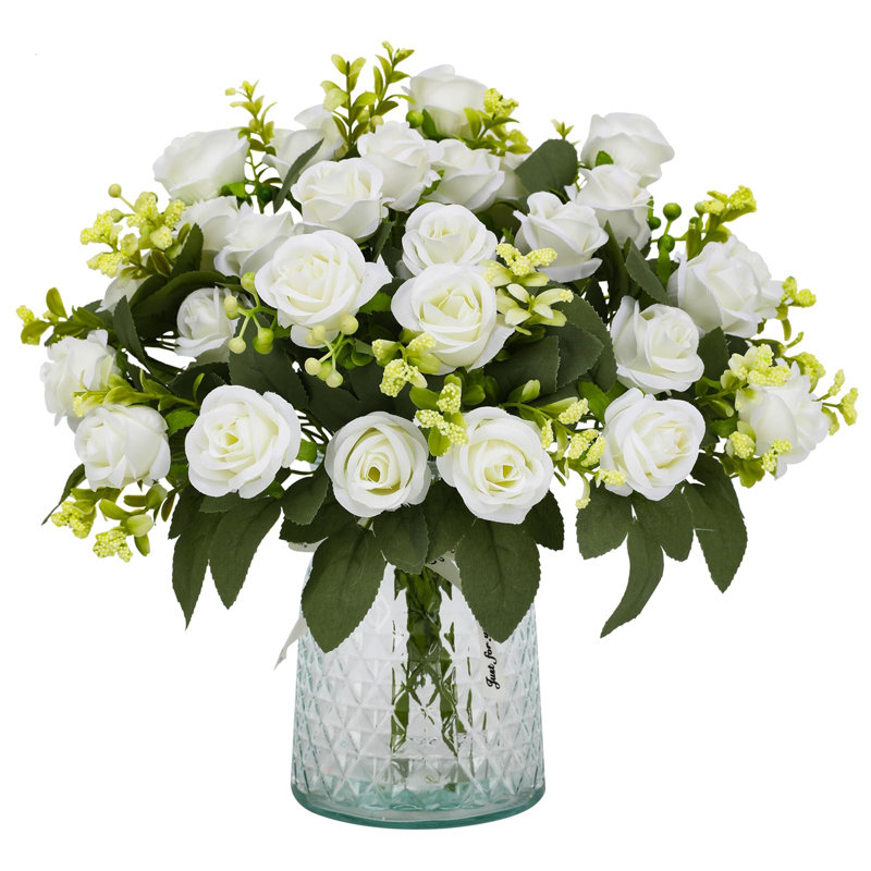 4PS Artificial Rose Flowers, Silk Rose Bouquet With 28 Rose Heads, Fake Flowers Realistic Roses, White