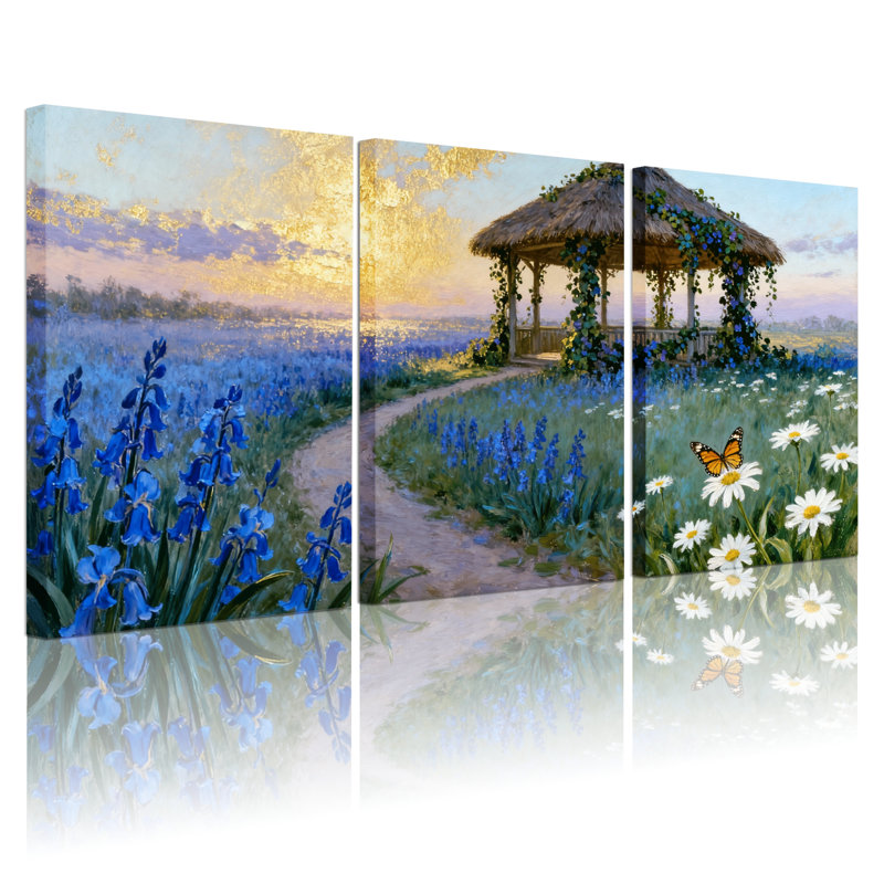 Assortiment de bouquets de fleurs bleues, chemin, pavillon de jardin, papillons, ensemble de 3 toiles, H 30 po x l 60 po