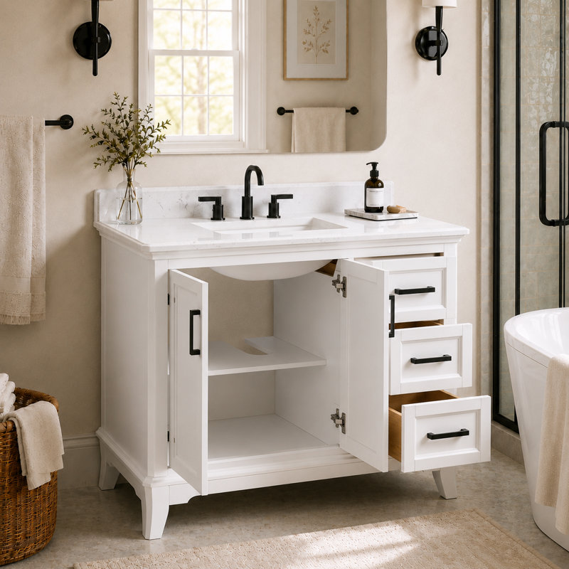 Allendale 42" Freestanding White Single Sink Bathroom Vanity With Quartz Top, White, 42"