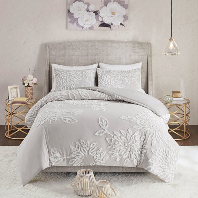 3 Piece King/ King Cotton Chenille Duvet Cover - Warm Grey With Flower Bedroom Style Item Base And Decoration