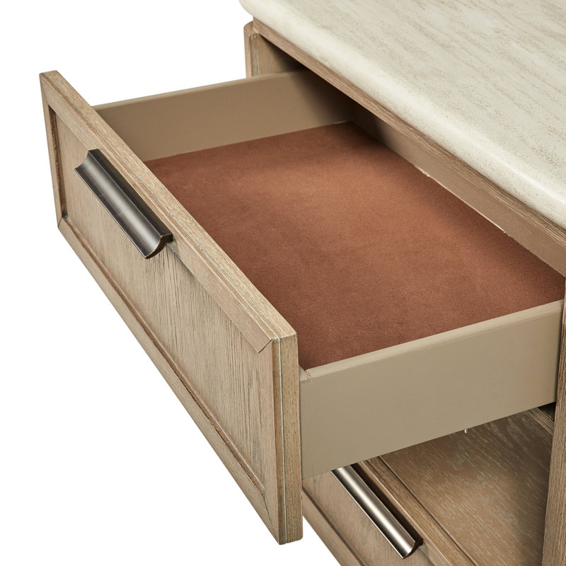 Table de chevet avec deux tiroirs, tiroir en placage de chêne, plateau en pierre beige, tablette ouverte pour livres et appareils électroniques, fond doublé de feutre, dispositifs de charge intégrés, bois massif à fermeture en douceur +, profondeur de 16,56 po,