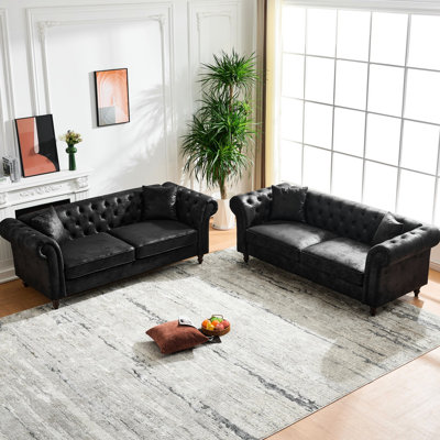 3+3 Seater In Faux Leather With Solid Pine Frame, Rolled Arms, And Stain - Tech Fabric For Living Room Family Gatherings High 6 Seat Couch Medium Soft Plushness, Breathable