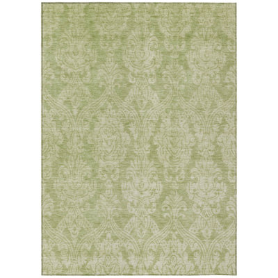 5' X 8' Artichoke Green And Beige Damask Washable Indoor Outdoor Area Rug