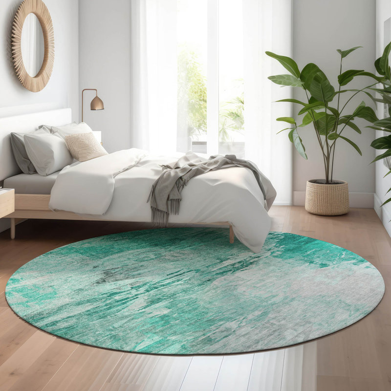 Tapis bleu sarcelle lavable à la machine de qualité supérieure 2 pi 6 po x 3 pi 10 po Cerrito AMF595, Rond 8 pi