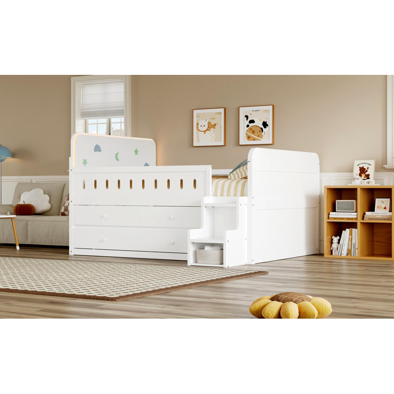Lit double en bois avec lumière DEL, tiroirs de rangement, blanc, Blanc