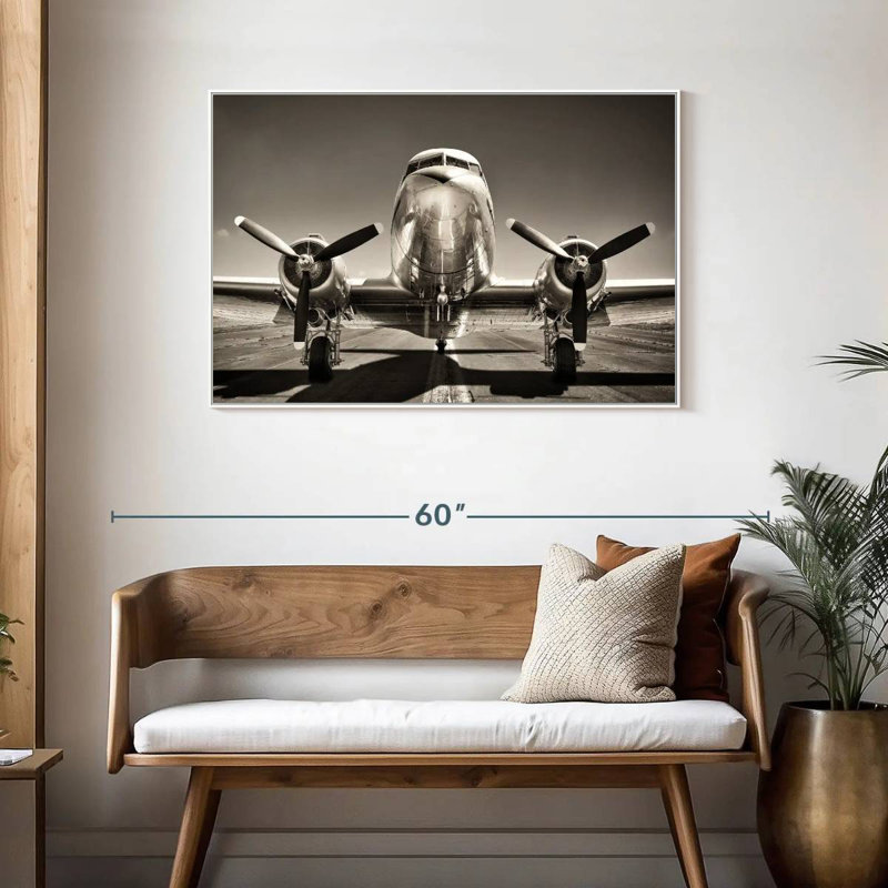 Avion rétro noir et blanc, Cadre flottant blanc, 43 po x 29 po