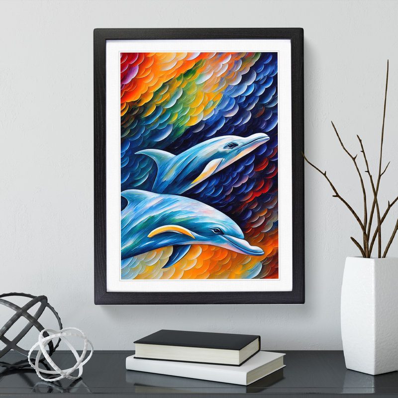 Two Dolphin - Single Picture Frame Painting, 34cm H x 25cm W, Black
