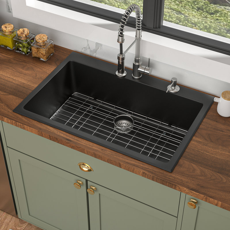 33"L x 22"W Drop-In Single Bowl Quartz Kitchen Sink Black Topmount Granite Composite Kitchen Sink with Bottom Grid,Roll-up Rack