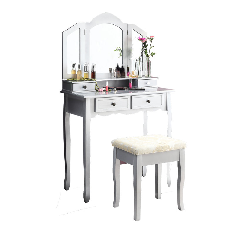 Meuble-lavabo en bois argenté - rangement spacieux pour la table et le banc à cosmétiques, Silver