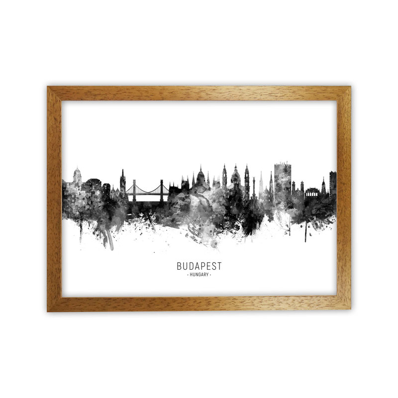 Budapest Hungary Skyline Black White City Name by Michael Tompsett - Print, 64cm H x 88cm W x 3cm D, Brown Framed