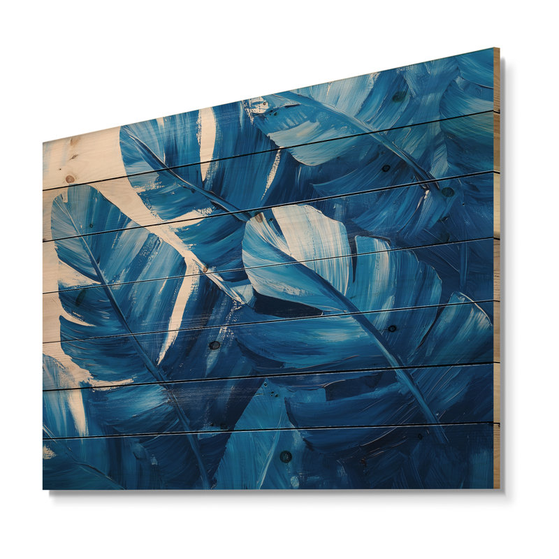 Palms In Velvet Blue Harmony II - Palms & Palm Trees Wood Wall Decor - On Natural Pine Wood, 30" H x 40" W x 0.78" D
