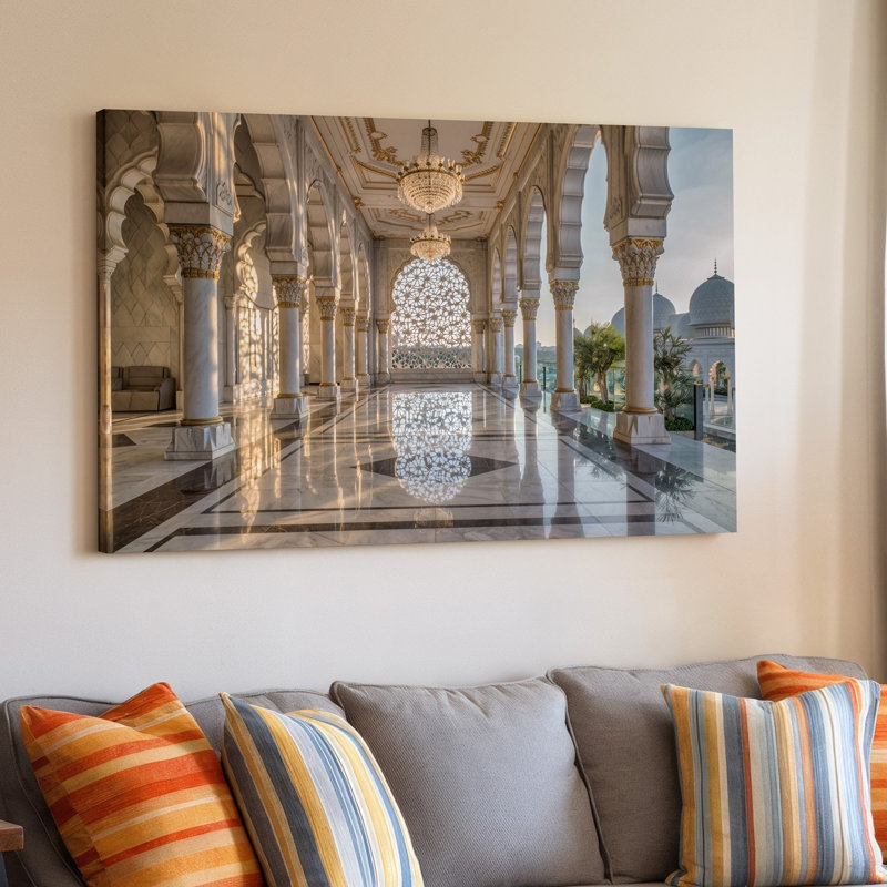 Toile, un grand couloir opulent avec des arches de marbre blanc complexe et des colonnes d'art mural illuminées par un superbe cristal, art mural sur toile