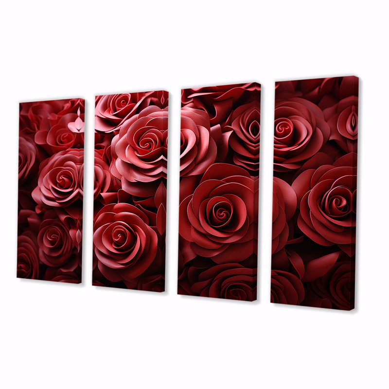 Ensemble de 4 décorations murales rouges classiques «Rose Resencer I - Roses», H 28 po x l 48 po