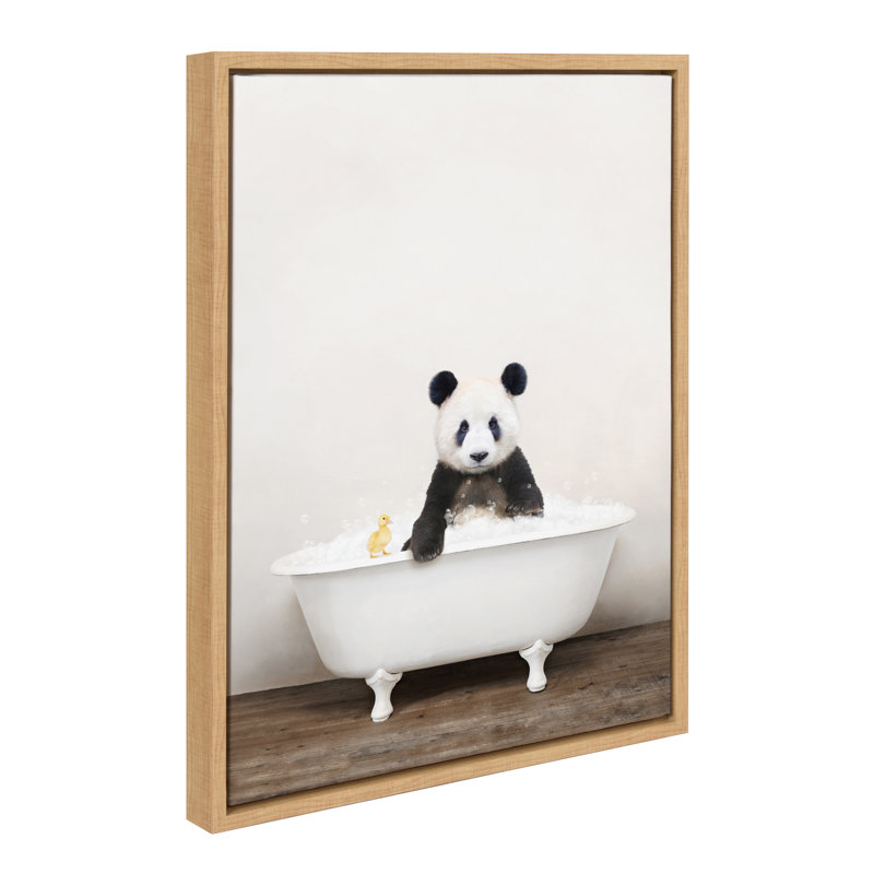 Panda Waving in Rustic Bath Framed Canvas by Amy Peterson Art Studio 18x24, Natural Framed