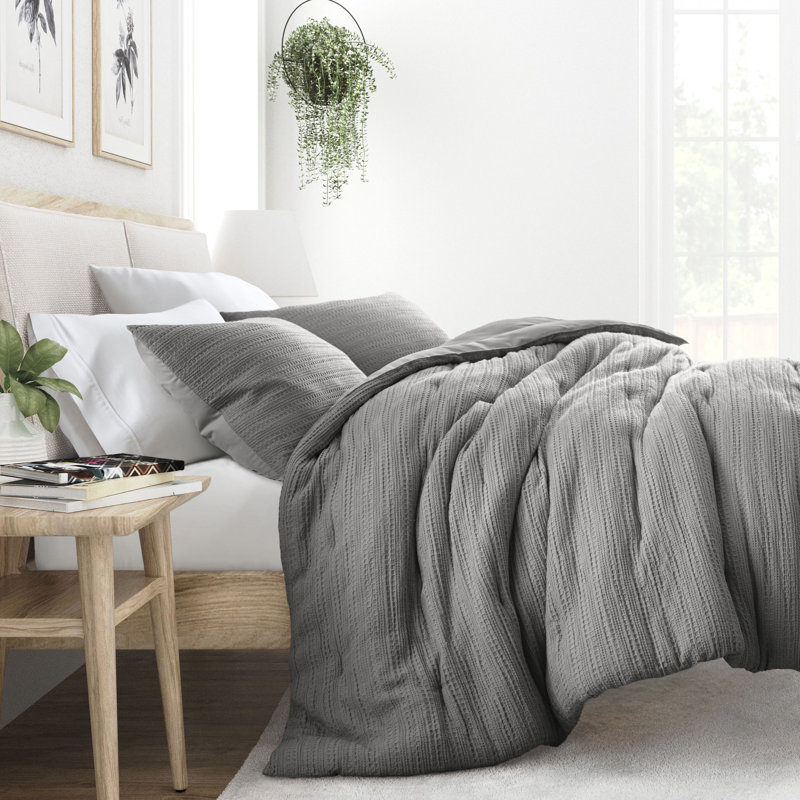 Waffle Textured 3-PC Comforter Set All Season Down-Alternative Ultra Soft Bedding, King / Cal-King, Gray