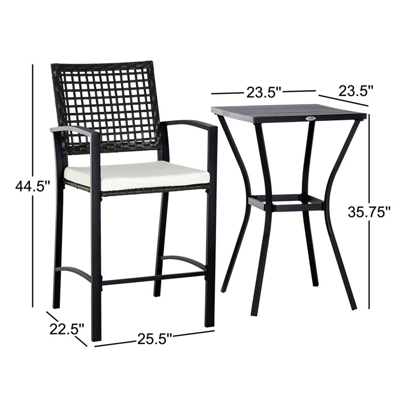 Outsunny 3pcs Patio Bar Set with Soft Cushion, Rattan Wicker for Poolside | Outdoor Furniture Set, for Backyards, Lawn, Deck
