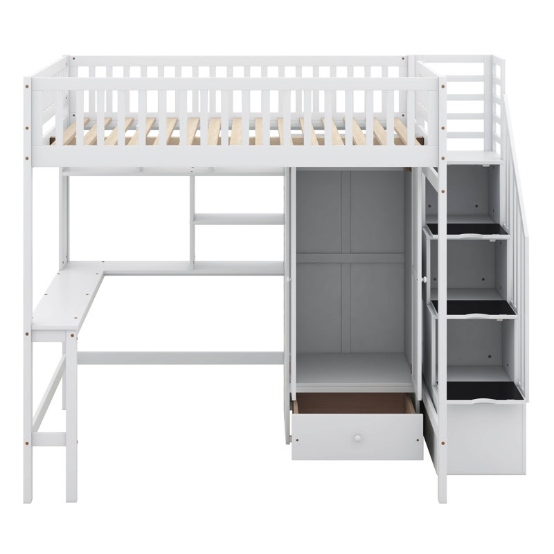 Jamner Kids Twin Loft Bed with Drawers, White, Full