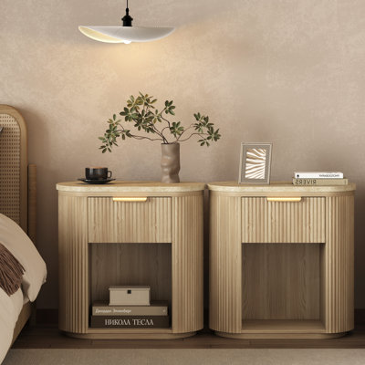 Reeded Nightstand With 1 Drawer, Open Shelf Storage Built-in Outlets USB Type-C Charging Station