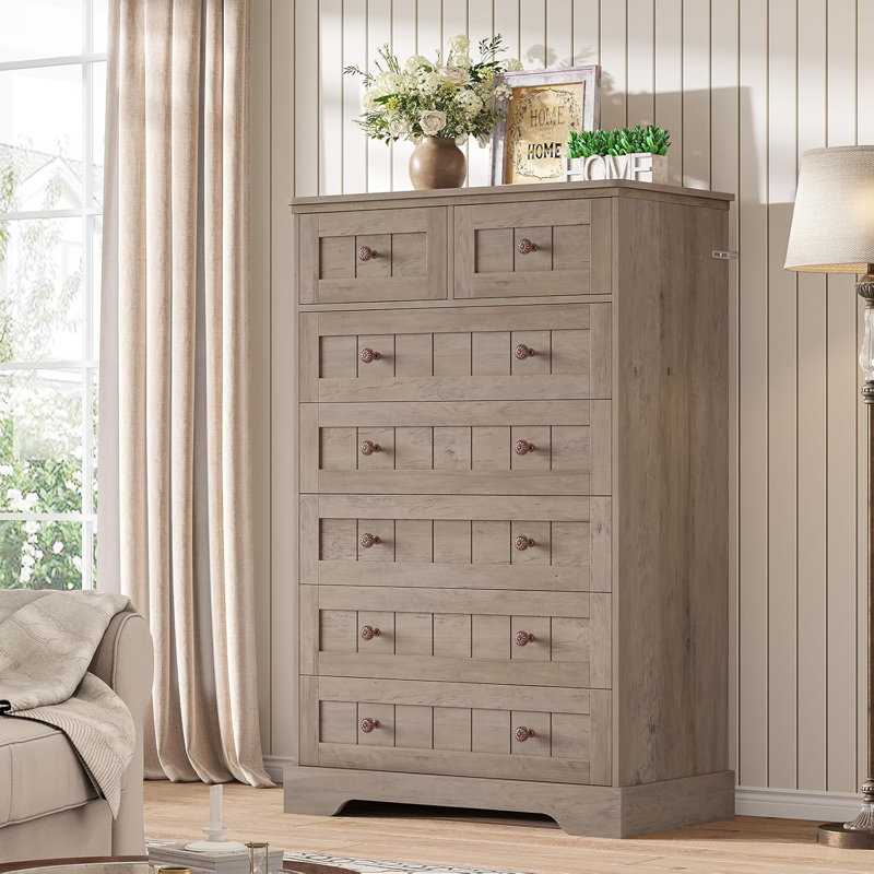 Commode haute avec 7 tiroirs pour la chambre à coucher, commode de style campagnard avec 7 tiroirs pour le salon, commode pour la chambre à coucher avec armoires de rangement en bois, gris