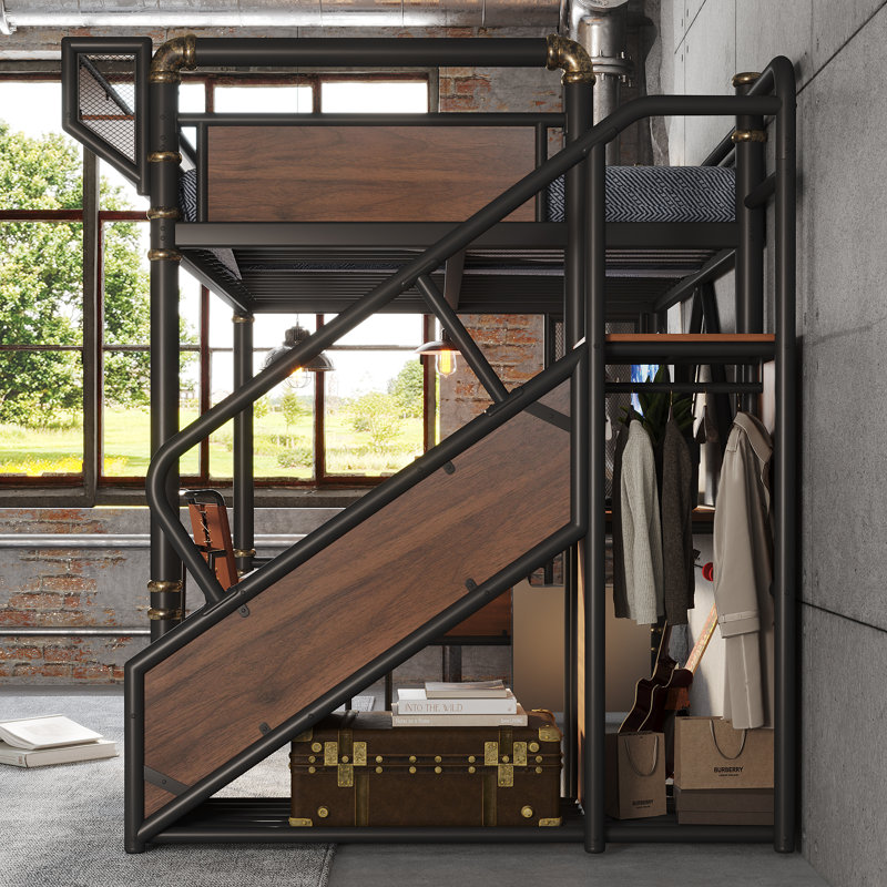 Lit mezzanine en métal pleine grandeur avec glissière et escalier de rangement pour enfants Titan, Black