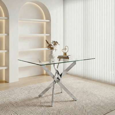 Table de salle à manger rectangulaire, table de salle à manger en verre de 47,24 po avec pieds argentés, table de cuisine moderne pour la maison, salle à manger