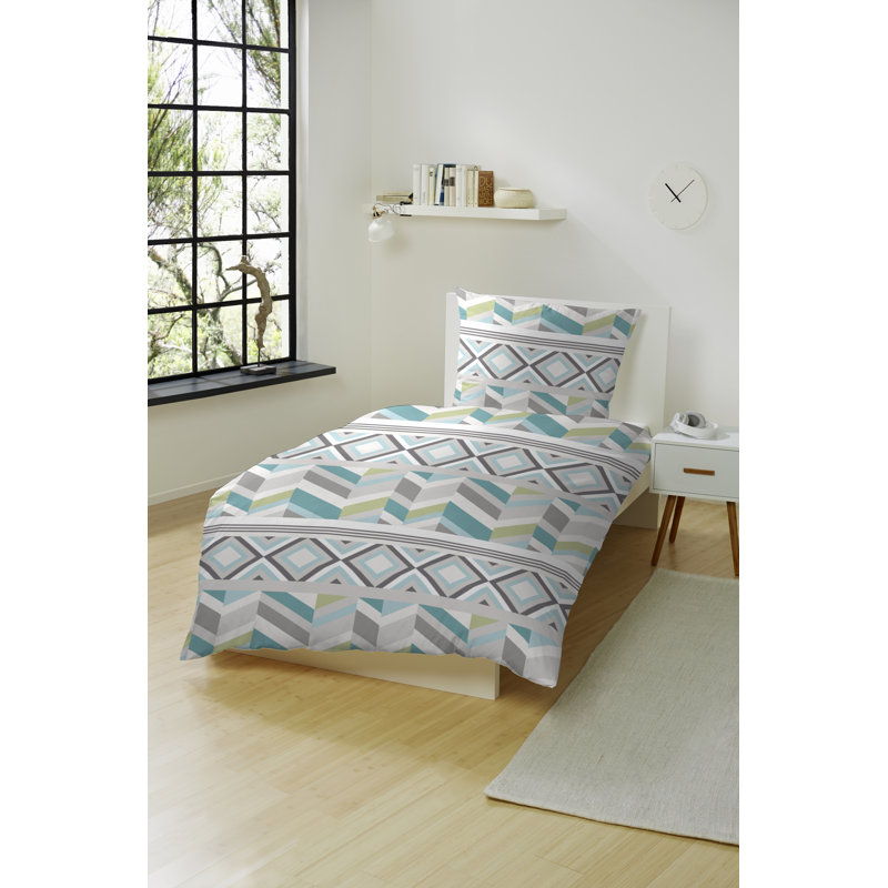 Provo Cotton Reversible 2 Piece Duvet Cover Set, 155 x 220cm Duvet Cover + 1 Pillowcase, Grey/Green