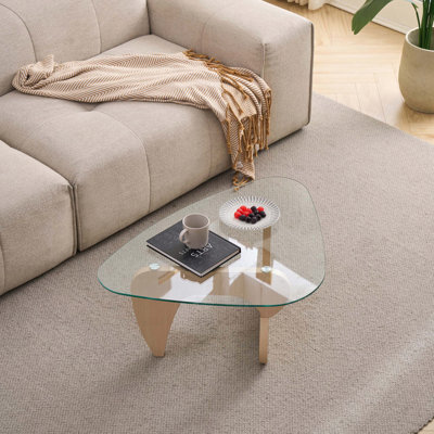 Table basse Mid-Century moderne en verre avec base en chêne massif - brun noyer