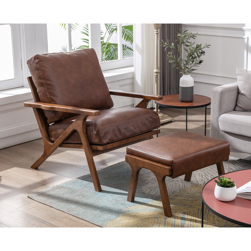 Juntier Faux Leather Armchair with Ottoman, Brown