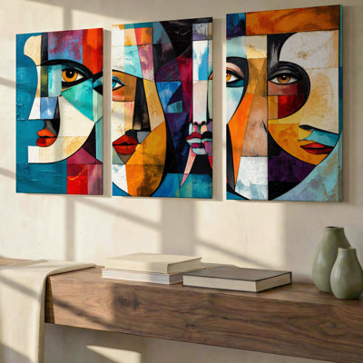 Ensemble exclusif de 3 portraits cubistes colorés, grand format, toile décorative moderne pour salon, chambre, bureau et maison, prêt à accrocher.