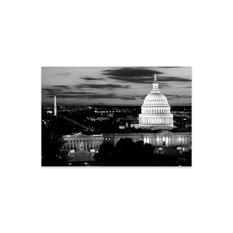 Ville éclairée au crépuscule, Washington D.C., États-Unis (noir et blanc) - Sans cadre