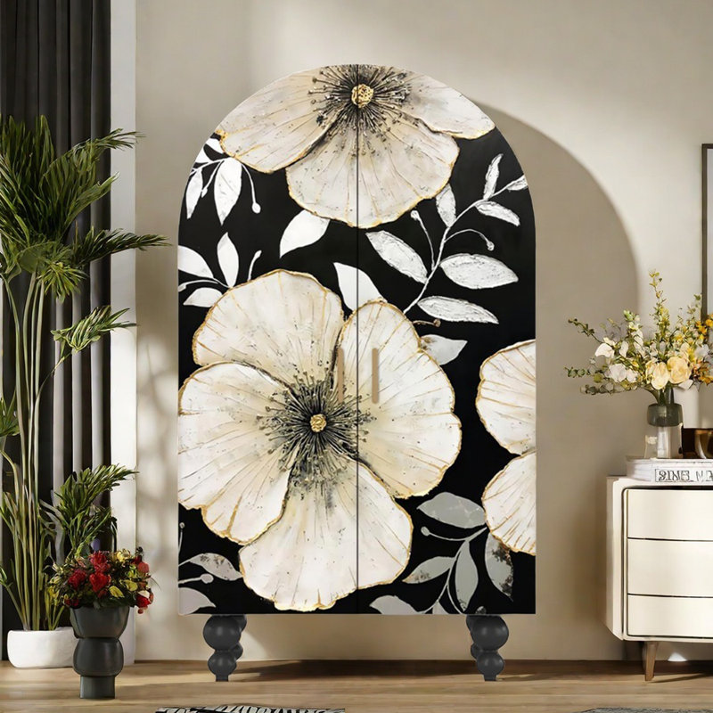 Armoire arquée avec portes à motifs artistiques, Noir / multicolore