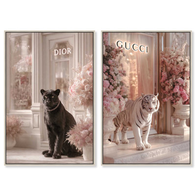 Luxury Animals at the Pastel Store Duo Framed Canvas Print Fashion Wall Decor Set by Art Remedy, Silver Frame, 20 x 30