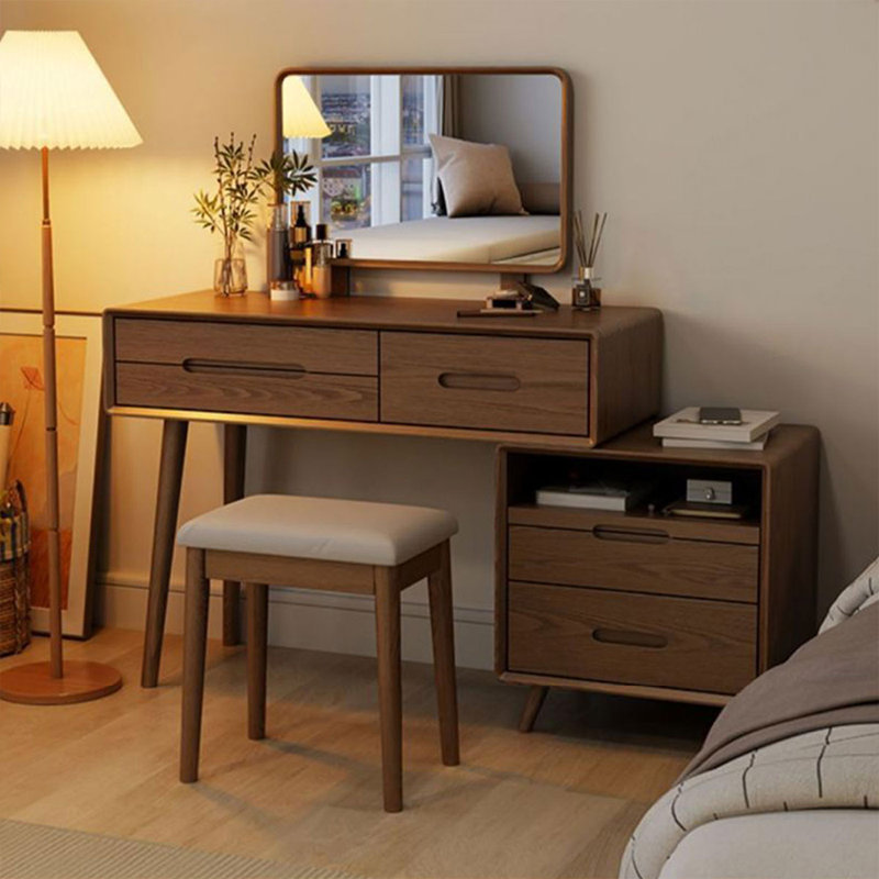 Ensemble de table de maquillage moderne en bois massif avec miroir, chaise et tiroirs