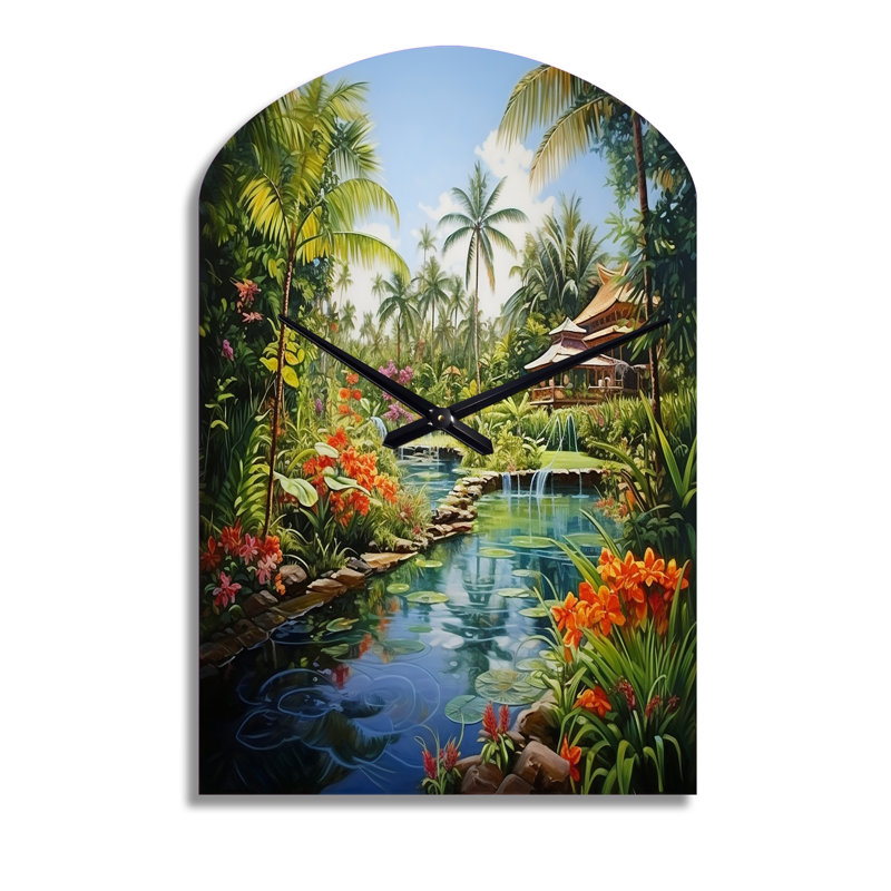 Bali Bliss Landscape II - Arch Asian Art, horloge murale en métal, impression d'horloge murale asymétrique, Moyenne