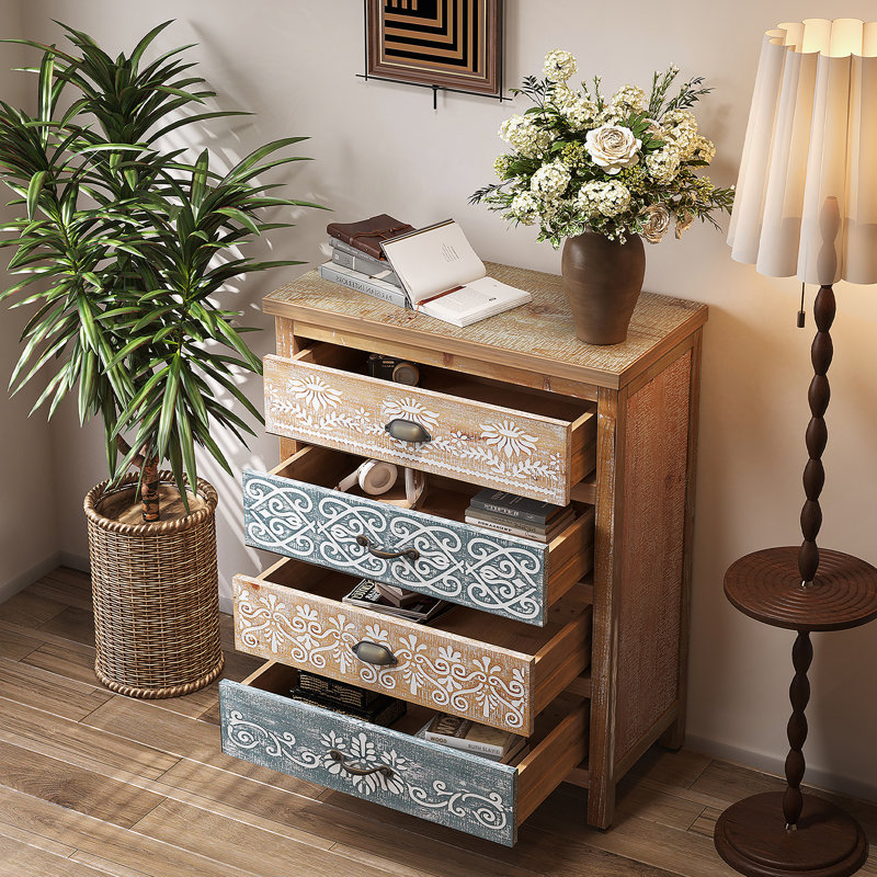Commode 4 tiroirs, coffre de rangement rustique pour chambre à coucher, salon
