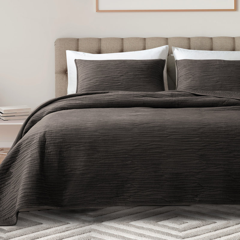 Wonderful Flannel Quilt Set 3 Piece for All Season Reversible, King Quilt + 2 King Shams, Dark Brown