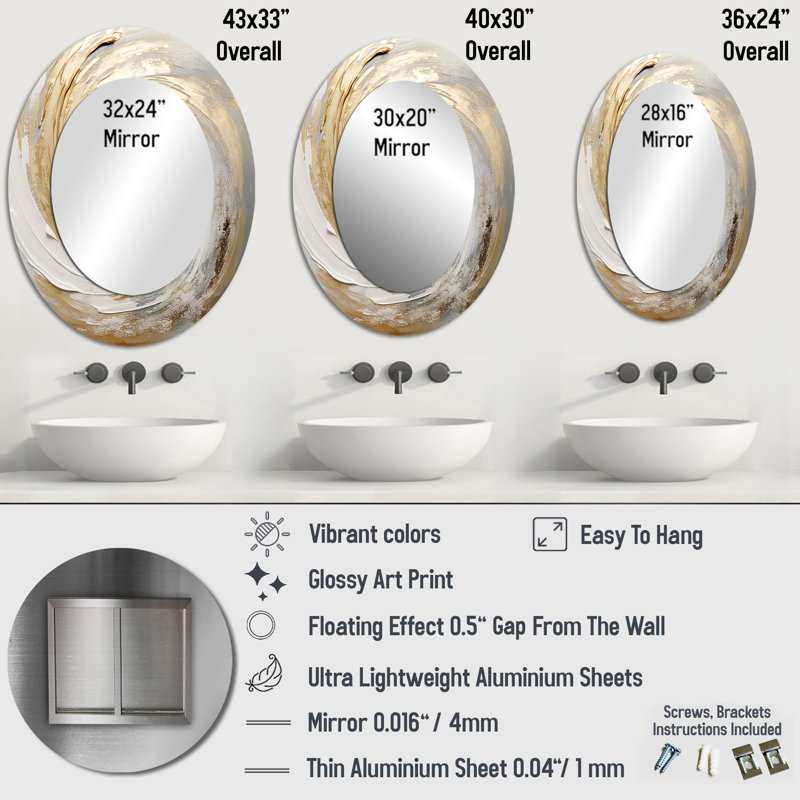 Gold And White Soft Wave Vortex III - Abstract Oval Decorative Mirror On Metal, 36" x 24"
